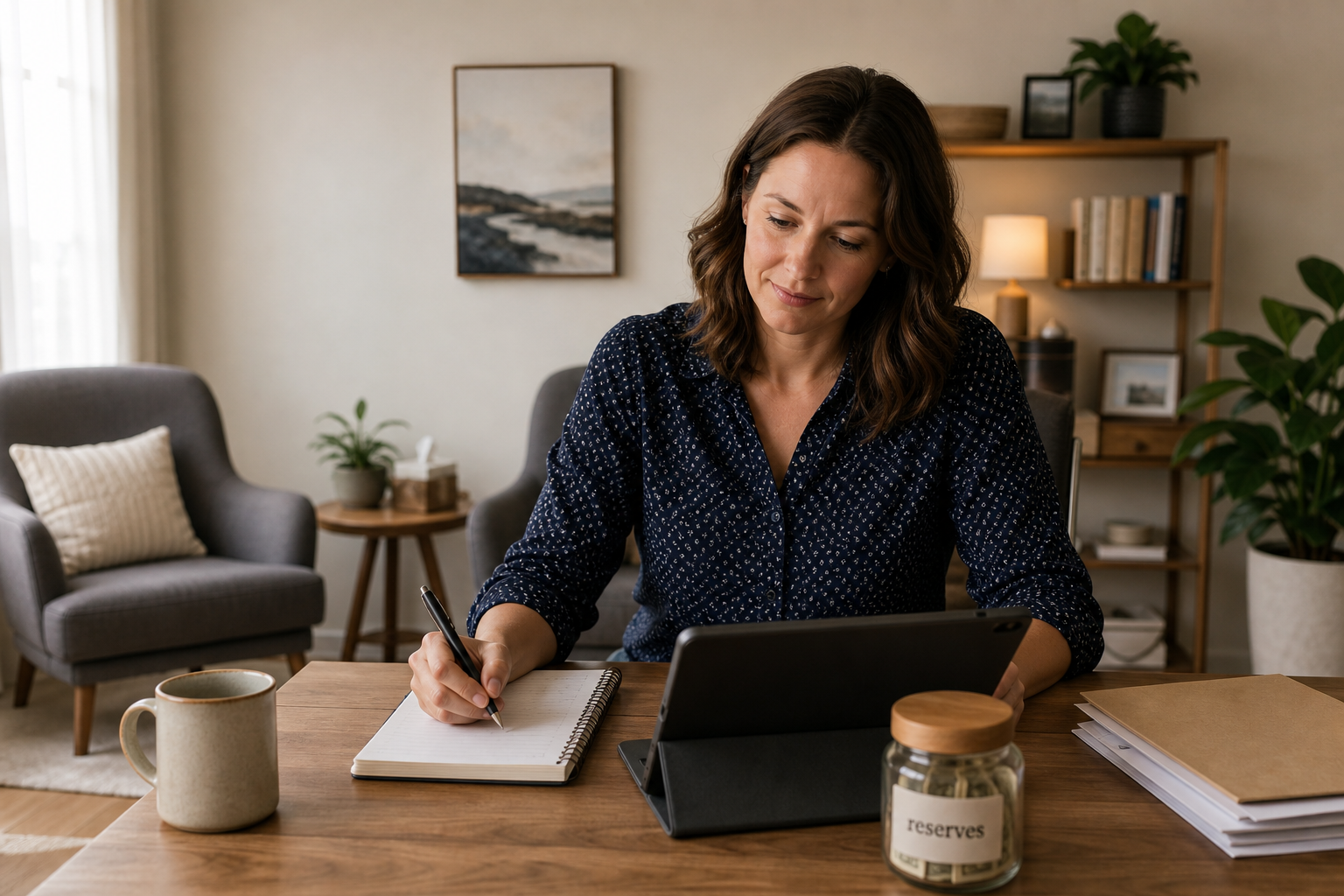Therapy practice owner reviewing cash reserves for a therapy practice on a laptop